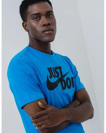 Tricou de bumbac cu imprimeu logo si text Swoosh, Negru/Albastru deschis
