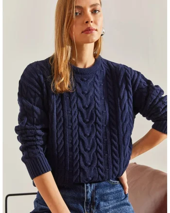 Pulover dama,  guler rotund, texturat, bleumarin, tricot,
