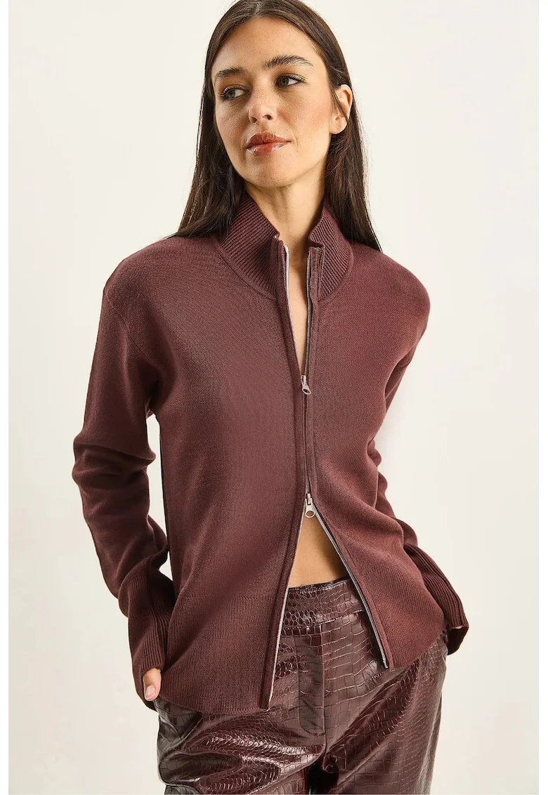 Pulover dama,  cardigan tricotat, guler pe jumatate, fermoar, visiniu, tricot,