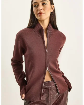 Pulover dama,  cardigan tricotat, guler pe jumatate, fermoar, visiniu, tricot,