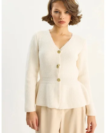 Cardigane,  Femei, Cardigan cu maneca lunga, decolteu in V si nasturi, cu nervuri LUCCI, Crema naturala,