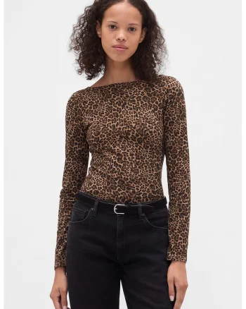 Bluza slim fit cu decolteu barcuta, Negru/Maro