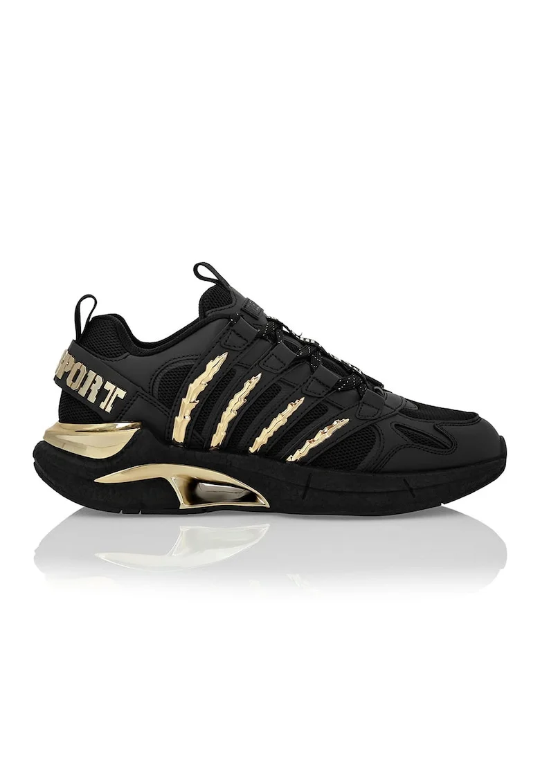 Pantofi sport cu insertii din piele ecologica, pentru alergare, Auriu/Negru