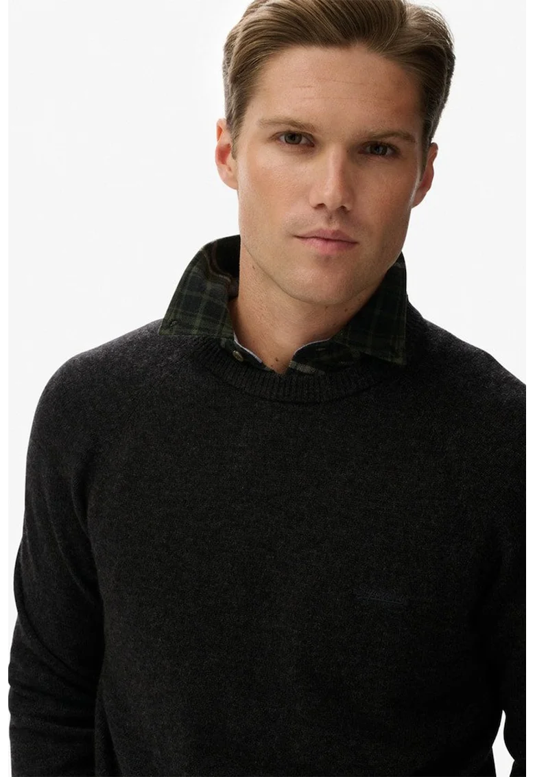 SUPERDRY, Pulover regular fit din amestec de lana cu maneci raglan, Negru melange