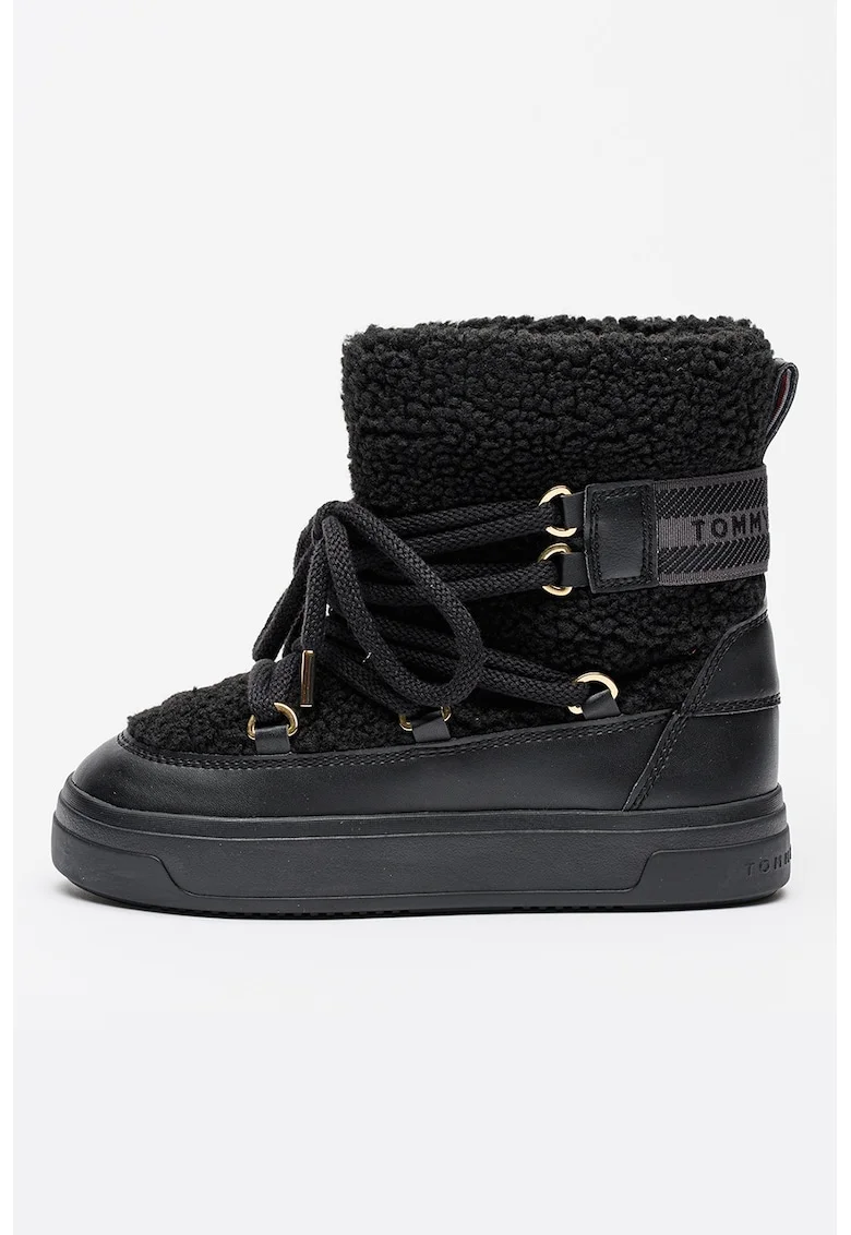Ghete pull-on din blana shearling sintetica cu garnituri din piele ecologica, Negru