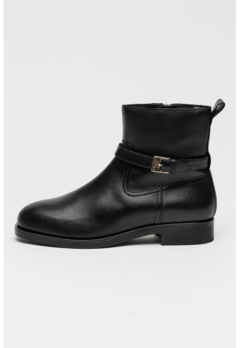 Ghete din piele cu bareta cu catarana decorativa, Negru