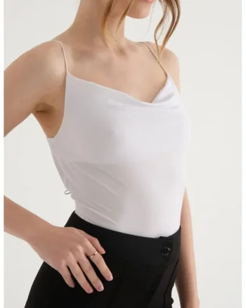 Top dama,  top cu bretele spaghetti, incretit, jerseu, Alb, Alb
