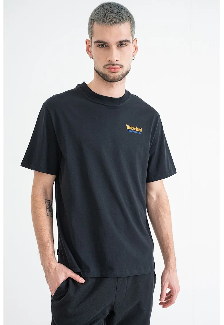 Tricou de bumbac cu decolteu la baza gatului si logo, Negru