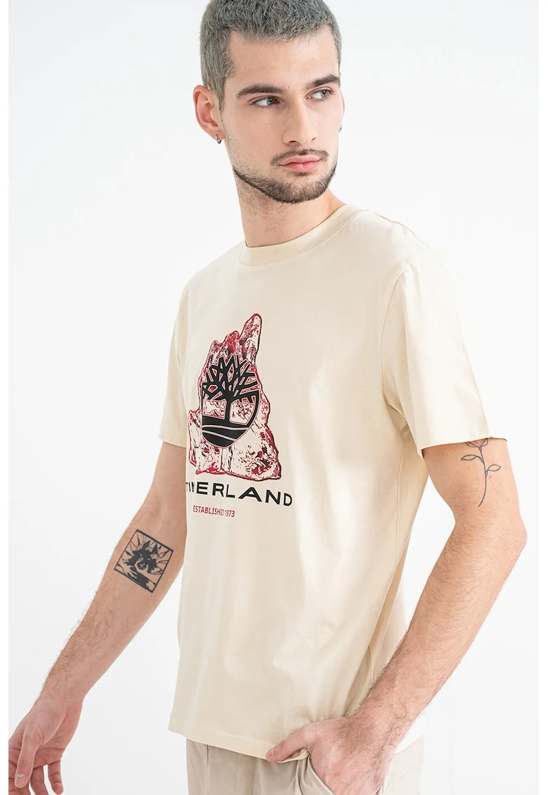 Tricou din bumbac cu logo Seasonal Tree, Rosu/Bej