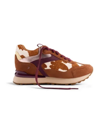 Pantofi sport wedge de piele cu animal print, Caramel/Alb murdar