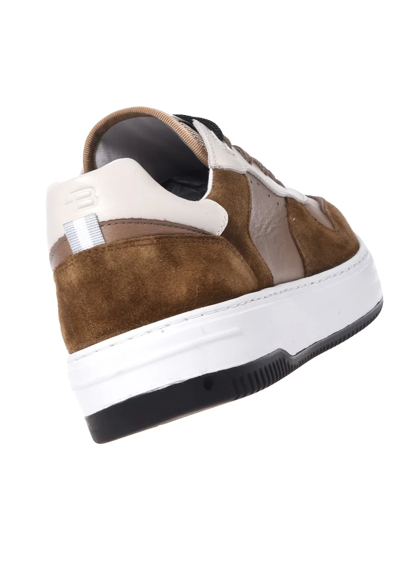 Pantofi sport de piele cu garnituri de piele intoarsa, Alb/Maro taupe