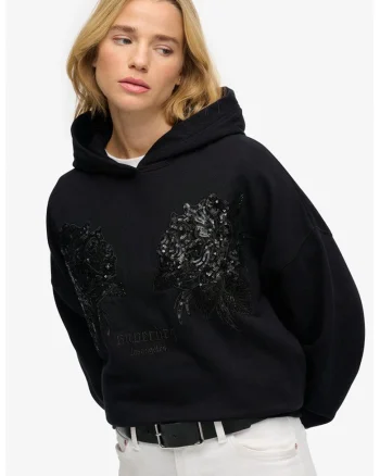 SUPERDRY, Hanorac cu aplicatii cu paiete, Negru