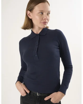 Pulover slim fit cu guler polo, Bleumarin