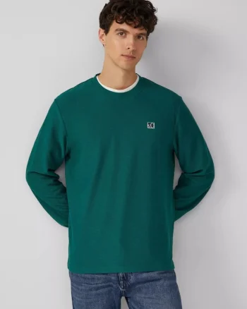 Bluza barbati cu textura striata, decolteu la baza gatului, Regular fit, Verde,