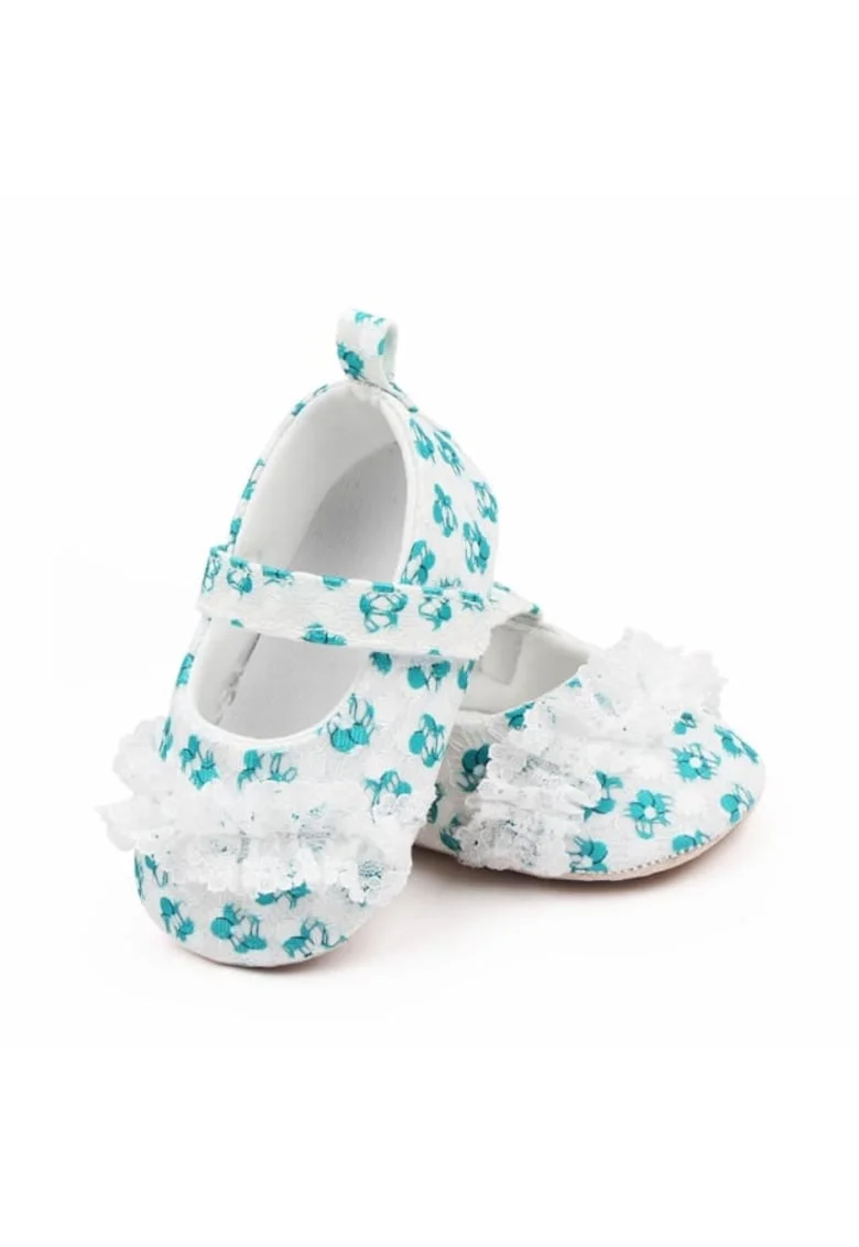 Pantofi  Cu Danteluta Si Floricele, Casual, Textil, Fete, Velcro, Alb, Verde