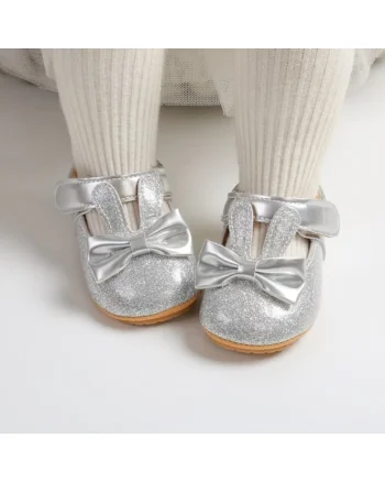 Pantofi  Cu Sclipici Si Urechiuse De Iepuras, Elegant, Piele ecologica, Fete, Velcro, Argintiu