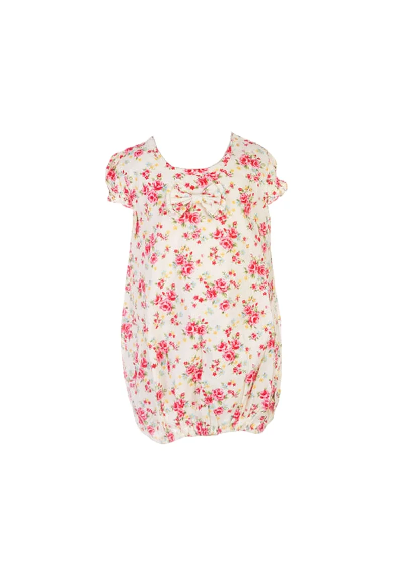 Rochie  Fetite - Alba Cu Trandafirasi Roz, Fara maneca, Bumbac