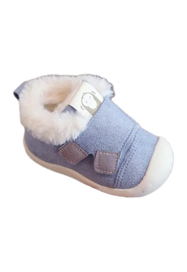 Pantofi  Imblaniti, Model Snow, Piele intoarsa, Velcro, Albastru deschis