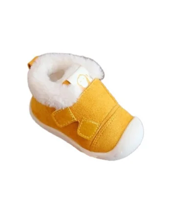 Pantofi  Imblaniti, Model Snow, Piele intoarsa, Velcro, Galben mustar