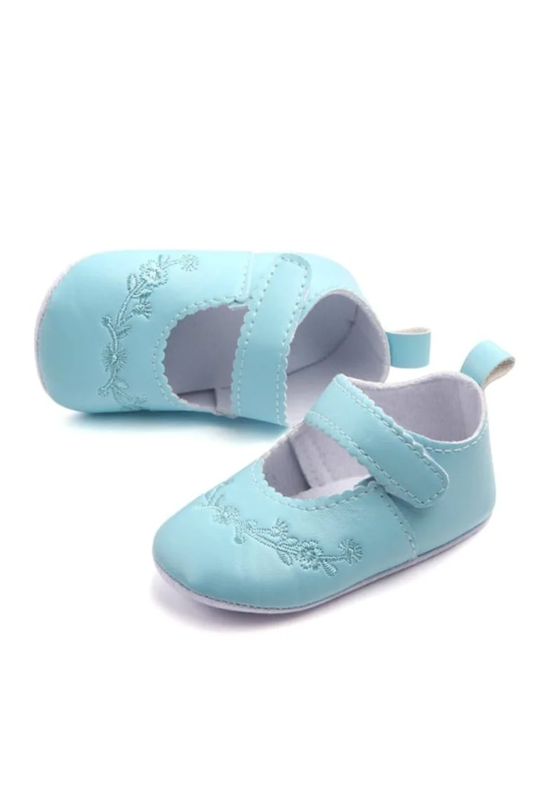 Pantofi  Cu Broderii Florale, Casual, Piele ecologica, Fete, Velcro, Albastru Deschis