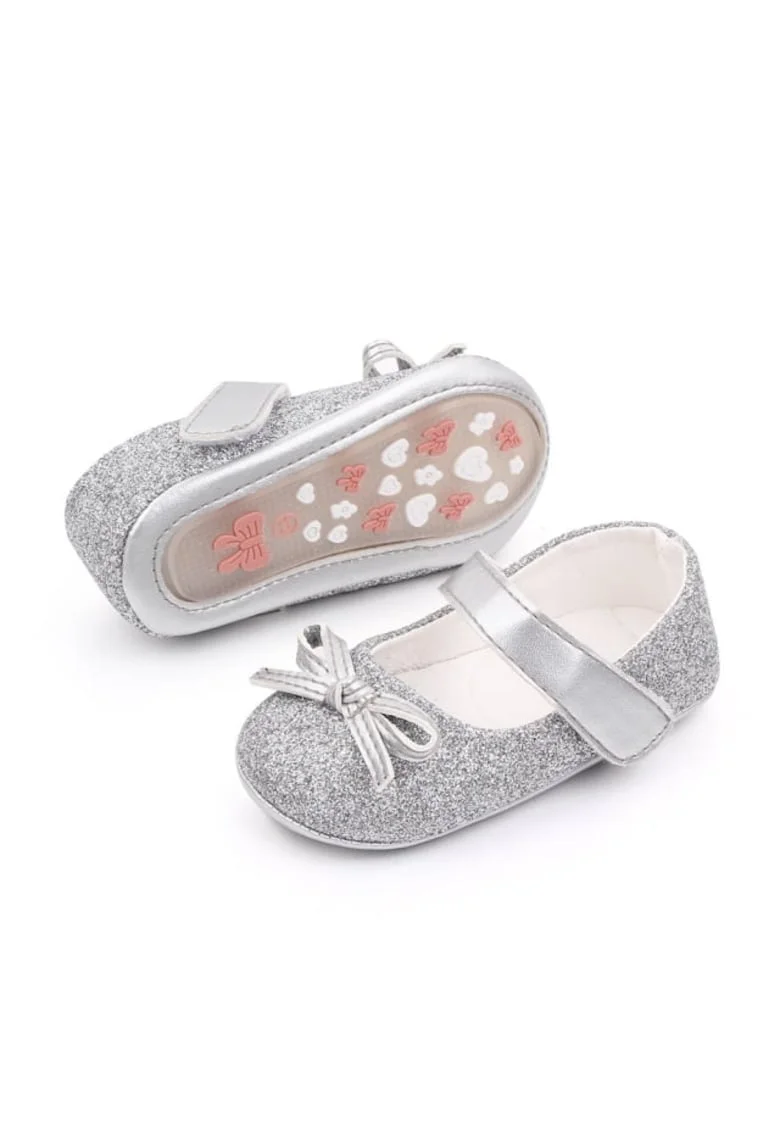 Pantofi  Cu Sclipici Si Fundita, Elegant, Piele ecologica, Fete, Velcro, Argintiu