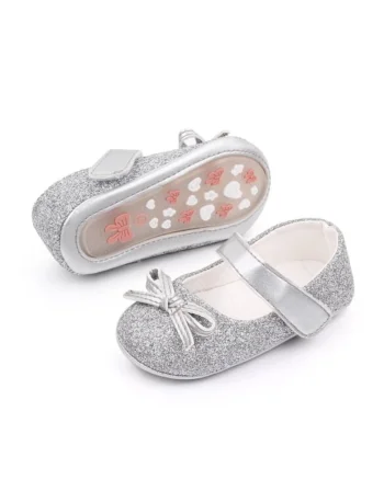 Pantofi  Cu Sclipici Si Fundita, Elegant, Piele ecologica, Fete, Velcro, Argintiu
