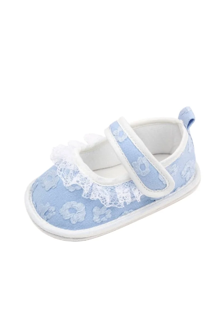 Pantofi  Cu Flori Brodate, Textil, Fete, Velcro, Albastru Deschis
