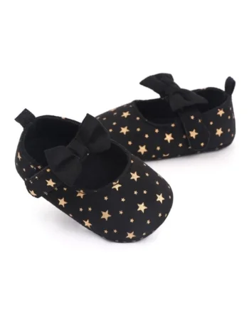 Pantofi  Cu Stelute Aurii Si Fundita, Casual, Textil, Fete, Velcro, Negru