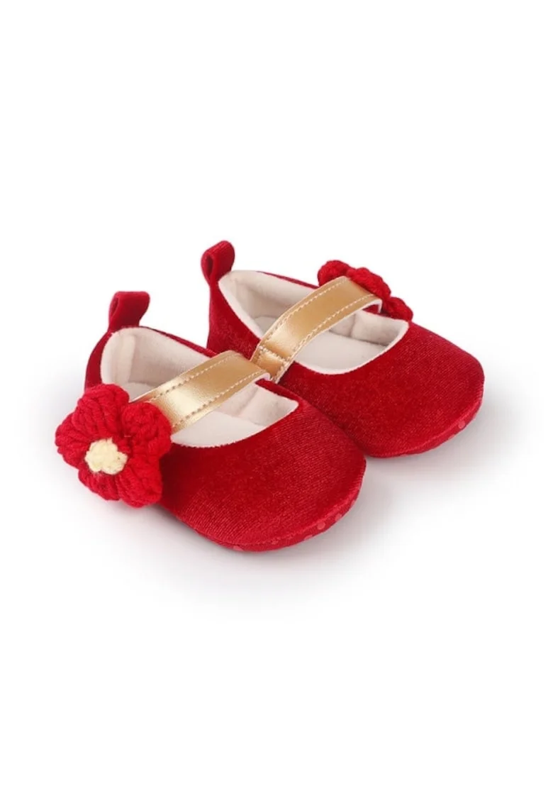 Pantofi  Din Catifea, Cu Floricica Aplicata, Casual, Textil, Fete, Velcro, Rosu