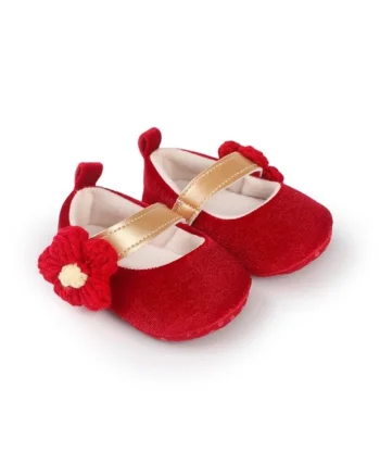 Pantofi  Din Catifea, Cu Floricica Aplicata, Casual, Textil, Fete, Velcro, Rosu
