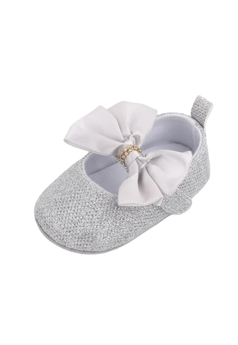 Pantofi  Cu Strasuri Si Fundita Din Satin, Fete, Argintiu