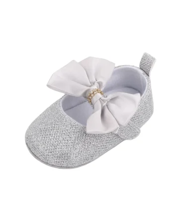 Pantofi  Cu Strasuri Si Fundita Din Satin, Fete, Argintiu