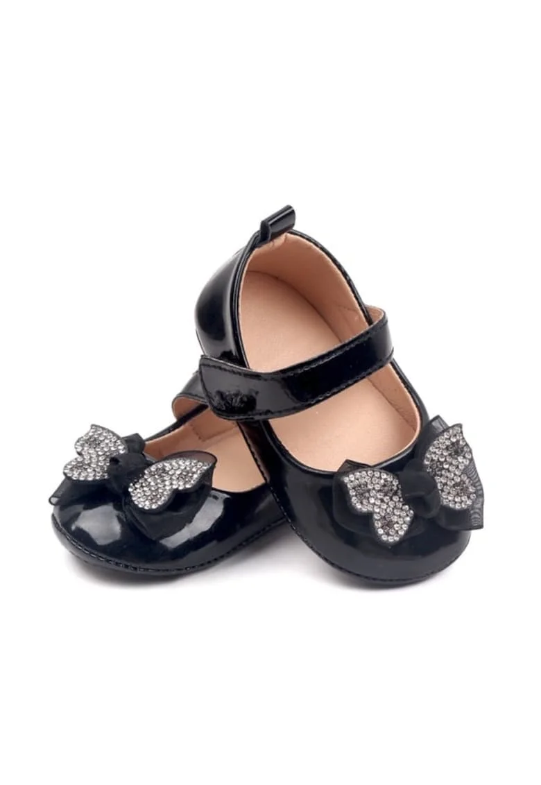 Pantofi  Cu Fundita Cu Strasuri, Elegant, Piele lacuita, Fete, Velcro, Negru