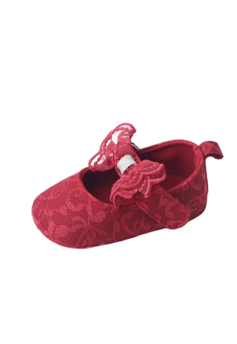 Pantofi  Cu Broderie Si Fundita, Textil, Fete, Velcro, Visiniu