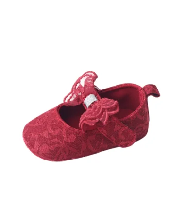 Pantofi  Cu Broderie Si Fundita, Textil, Fete, Velcro, Visiniu