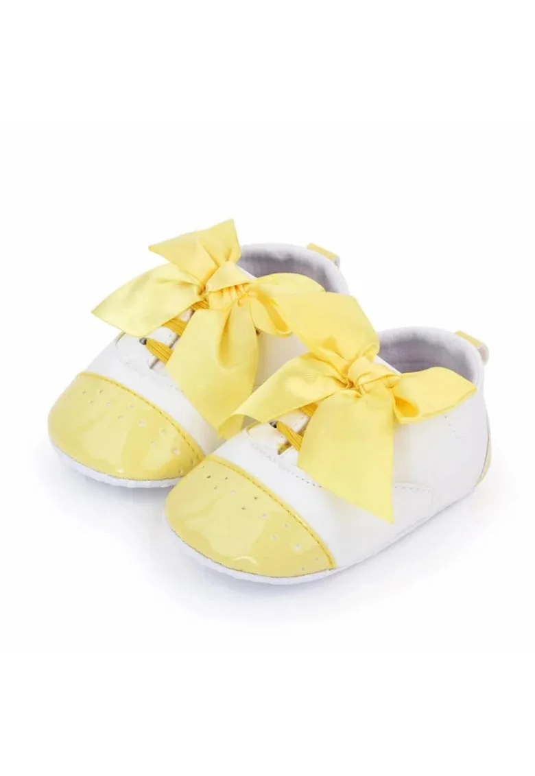 Pantofi  Cu Fundita, Elegant, Piele ecologica, Fete, Siret, Alb, Galben, 3-6 luni,