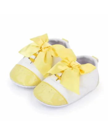 Pantofi  Cu Fundita, Elegant, Piele ecologica, Fete, Siret, Alb, Galben, 3-6 luni,