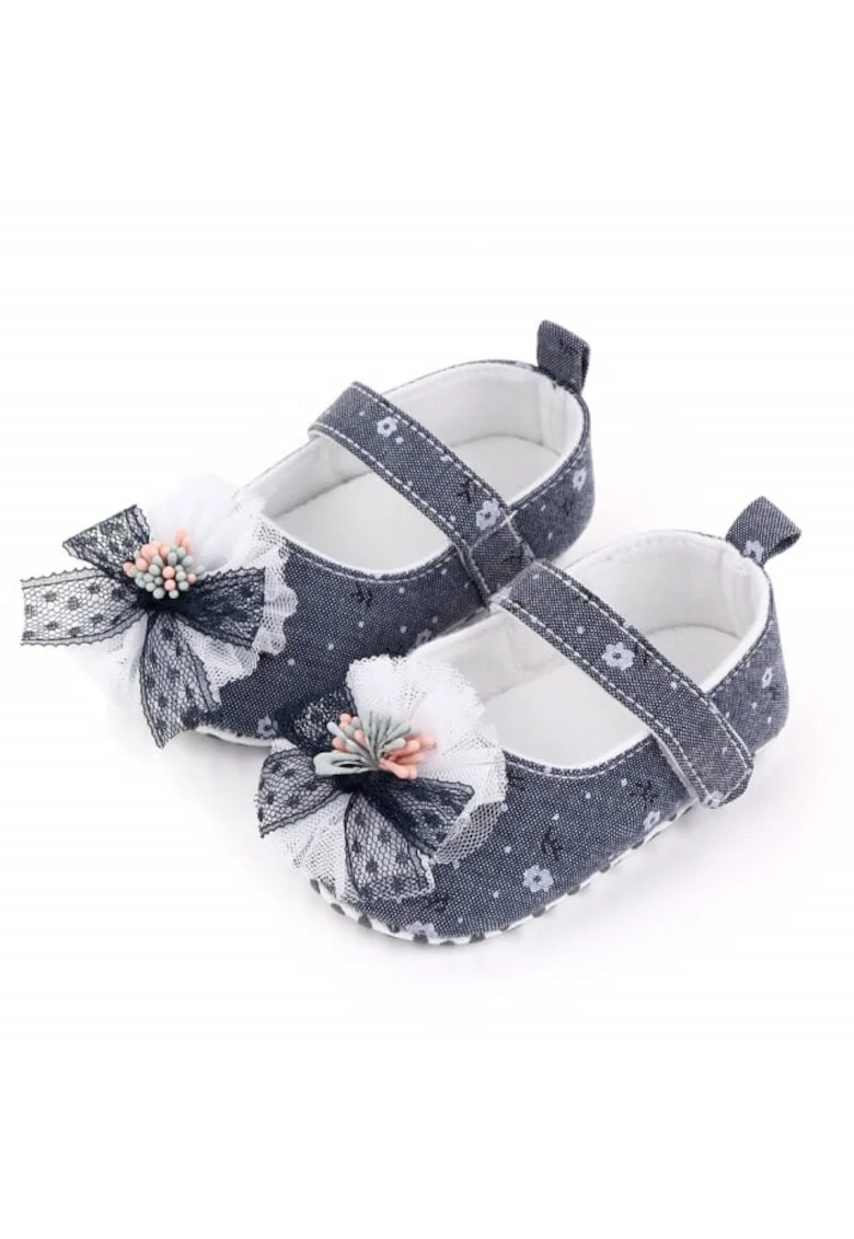 Pantofi  Model AL 15176 cu floricica si fundita, Textil, Bleumarin, Bleumarin