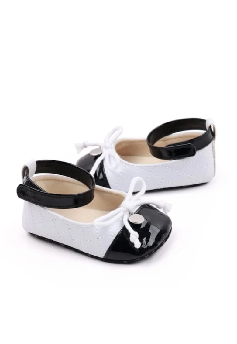 Pantofi  Cu Fundita, Casual, Piele ecologica, Fete, Velcro, Alb/Negru