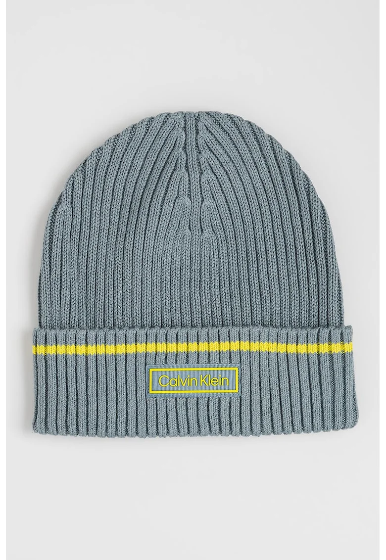 Caciula striata din amestec de bumbac organic cu aplicatie logo, Galben/Gri cenusiu