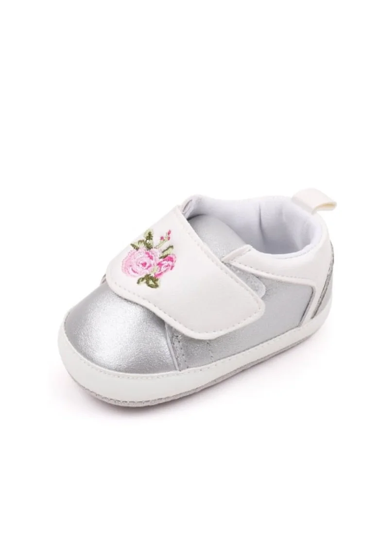 Pantofi  Model Roses, Piele ecologica, Fete, Velcro, Alb/Argintiu