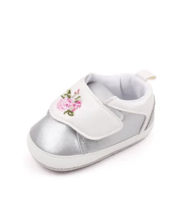 Pantofi  Model Roses, Piele ecologica, Fete, Velcro, Alb/Argintiu