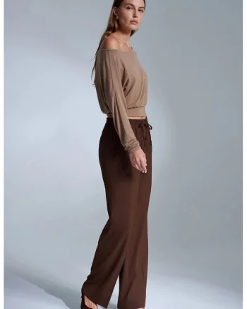 Pantaloni dama,  croiala dreapta, maro castaniu, crep, Maro inchis
