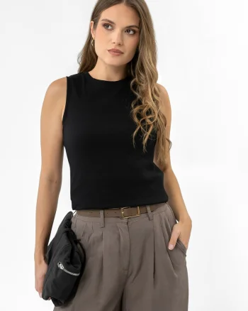Tricou fara maneci cu nervuri, Slim Fit, dama, decolteu la baza gatului,  T-Demi, negru, Negru