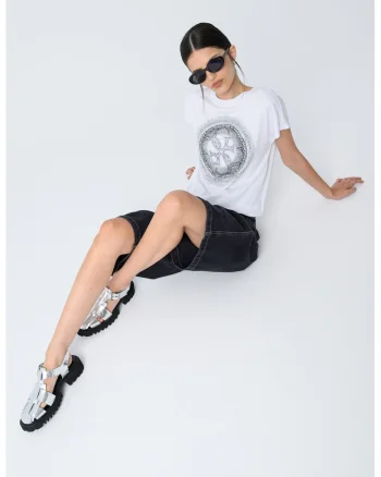 Tricou de bumbac cu imprimeu si strasuri, Negru