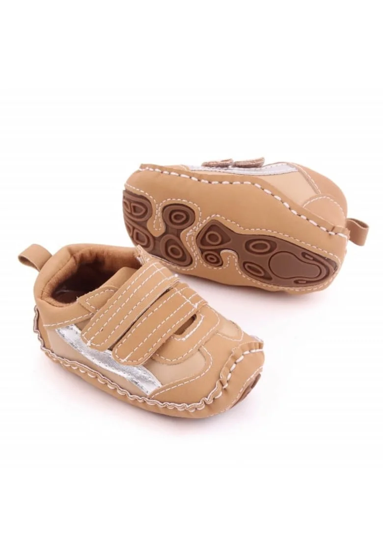 Pantofi sport  Model AL 19648 cu dunga argintie, Pentru bebelusi, Textil, Baieti, 3-6, Crem, 18, Crem