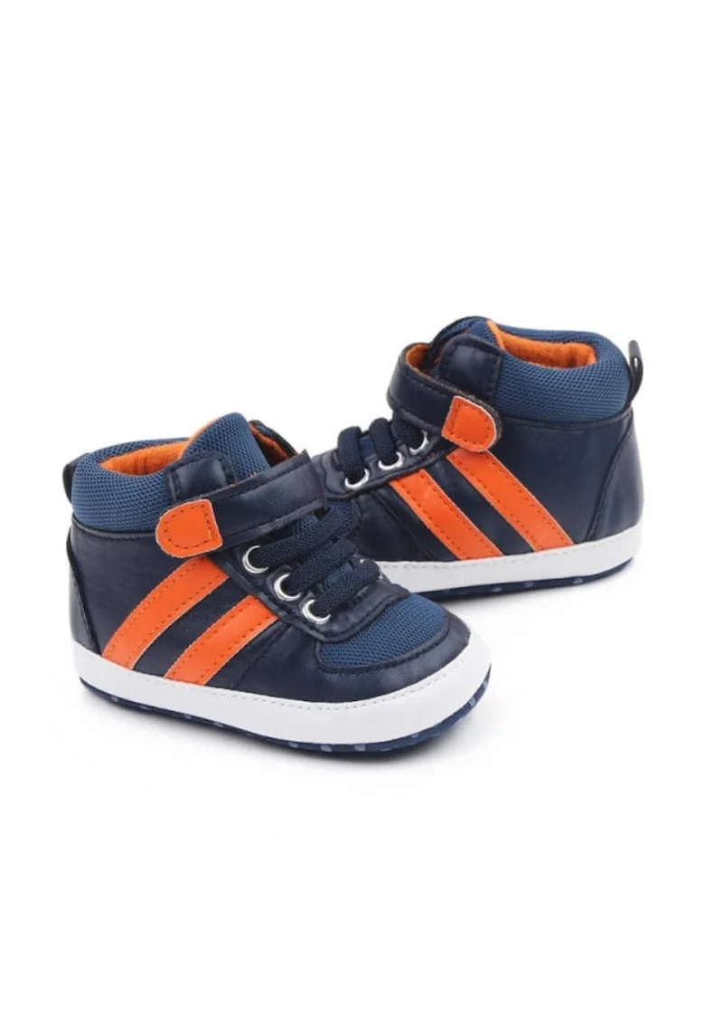Pantofi sport  Model AL 19525 cu dungi portocalii, Piele ecologica, Baieti, 3-6 luni, Bleumarin,