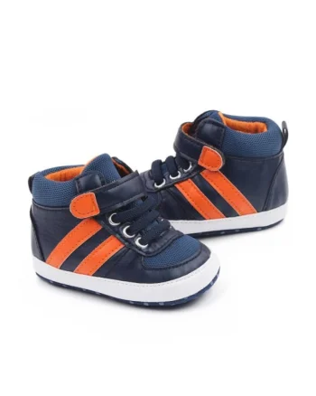 Pantofi sport  Model AL 19525 cu dungi portocalii, Piele ecologica, Baieti, 3-6 luni, Bleumarin,