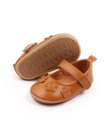 Pantofi SuperBaby, Model AL 13417 cu flori aplicate, Piele ecologica, Fete, 6-9 luni, Maro,