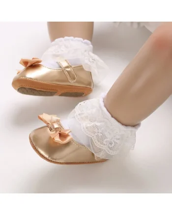 Pantofi  Model AL 14919 cu fundita, pentru bebelusi, Piele ecologica, Auriu, Auriu
